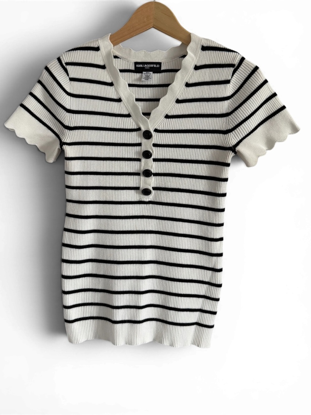 Karl Lagerfeld KNITTED Black & White Striped Scalloped V-Neck XS